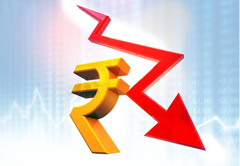 Decrease growth arrow with Rupee sign. decrease in Indian Rupee value concept. 3d illustration.