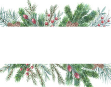 Christmas Tree Frame With Spruce Branches On White Background. Watercolor Winter Border. Hand Drawn Illustration