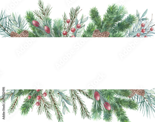 Christmas tree frame with spruce branches on white background. Watercolor win...