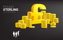 Silhouette Of Businessman Group Point To Pound Sterling Money Icon And Stack Of Coin. Concept Of Success Business In Britain.