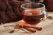 Chinese black tea with anise and thyme. Close-up