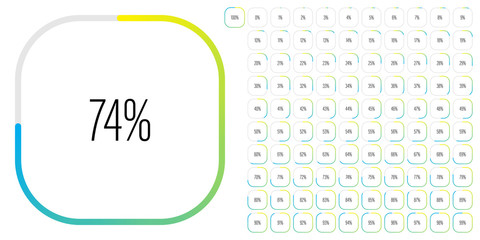 Set of rectangle percentage diagrams meters from 0 to 100 ready-to-use for web design, user interface UI or infographic - indicator with gradient from yellow to cyan blue