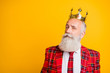 Leinwandbild Motiv Close up photo of cool look grandpa white beard see pretty young princess flirty eyes wear golden crown red blazer tie outfit isolated bright yellow color background