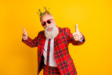 I Choose You. Photo Of Modern Look Grandpa With White Beard Indicating Fingers To Camera Wear Plaid Red Blazer Tie Clothes Isolated Yellow Color Background