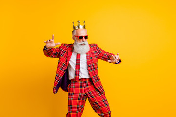 photo of cool modern look grandpa white beard dancing king hip-hop strange moves wear crown sun spec