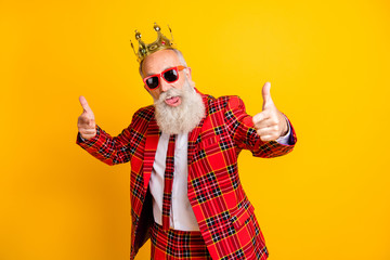 Poster - I choose you. Photo of modern look grandpa with white beard indicating fingers to camera wear plaid red blazer tie clothes isolated yellow color background