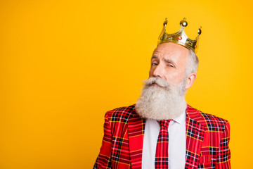 Sticker - Close up photo of cool look grandpa white beard see pretty young princess flirty eyes wear golden crown red blazer tie outfit isolated bright yellow color background