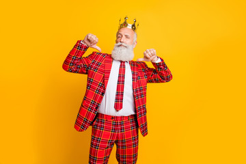 Portrait of his he nice handsome attractive serious gray-haired man wearing crown pointing thumb at himself self take me isolated over bright vivid shine vibrant yellow color background