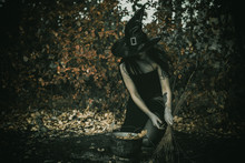Woman In Gothic Style Witch Look, Concept Of Simple Halloween Ideas