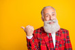 © deagreez - Closeup photo of amazing look grandpa guy white stylish beard indicating finger to empty space nice shopping prices wear gingham blazer tie isolated yellow color background