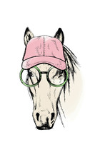 Horse In Pink Baseball Cap And Glasses . Modern Sketch Poster On White Background