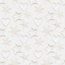 Seamless Pattern With Decorative Stars, Snowflakes, Hearts. Christmas Decorations On White Background. New Year Concept, Photo Pattern.