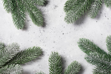 Christmas or new year composition. Spruce branches on a gray background. Top view with copy space