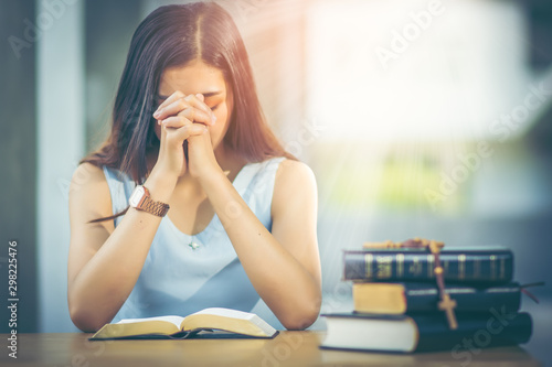 Asian Girl With Long Hair Read The Holy Bible And Pray For The