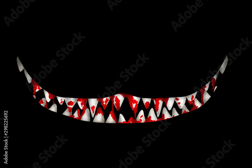 Fotografía Mad wide bloody smile with many teeth on black background