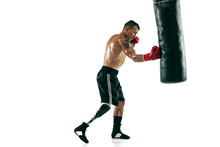 Full Length Portrait Of Muscular Sportsman With Prosthetic Leg, Copy Space. Male Boxer In Red Gloves Training And Practicing. Isolated On White Studio Background. Concept Of Sport, Healthy Lifestyle.