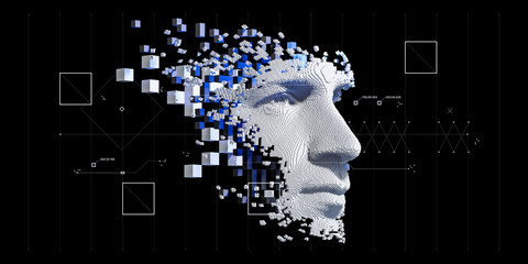 Poster - Abstract digital human face.  Artificial intelligence concept of big data or cyber security. 3D illustration 