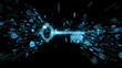 Glowing blue digital key with streaming binary numbers illustrating  cyber security and encryption