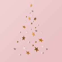 Golden And White Glitter Decoration And Pink Background. Celebration Minimal Christmas Tree.