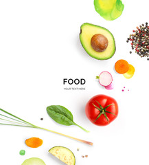 Wall Mural - Creative layout made avocado, tomato, carrot, radish, lemongrass and black pepper on white background. Flat lay. Food concept. Macro concept.