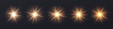 Light Flares Set Isolated On Transparent Background. Orange Lens Flares, Bokeh, Sparkles, Shining Stars With Rays Collection. Glowing Vector Light Effect. Vector Illustration.