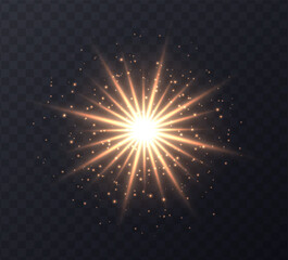 shining sun flare with stars and sparkles isolated on dark transparent background. golden ens flare,