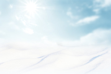 Wall Mural - Winter bright background. Christmas landscape with snow and sun in the frost. Selective focus