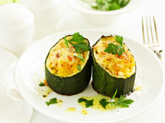 Wall Mural - Baked zucchini stuffed with rice and vegetables.