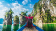 © day2505 - Panorama traveler man on boat joy fun amazed nature rock island adventure scenic landscape Khao Sok National park, Famous place tourist travel Thailand Tourism beautiful destination Asia vacation trip