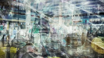 People and data grunge abstract.  Complex colourful composite of people and changing numbers.