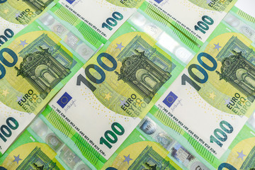 Sticker - European paper money background. Hundreds euro banknotes. Lots of money business concept backdrop.