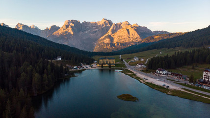 Sticker - Misurina Lake at Sunrise. Aerial Photography from Drone