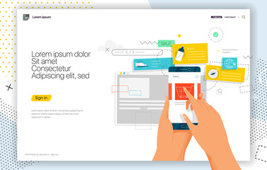 Shopping Online on Website or Mobile Application. Creative concepts of web page design for website and mobile website development. Seo landing page. Flat style illustration.