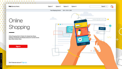 Shopping Online on Website or Mobile Application. Creative concepts of web page design for website and mobile website development. Seo landing page. Flat style illustration.