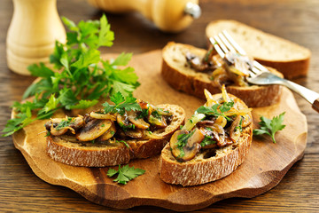 Sticker - Bruschetta with fried mushrooms with onions and parsley.