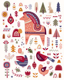 Fototapeta Dziecięca - Christmas decorative illustration with bird and little horse. Scandinavian folk style.