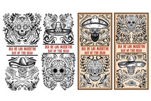 Set Of Day Of The Dead (Dia De Los Muertos) Flyer Templates. Design Element For Poster, Card, Banner. Vector Illustration
