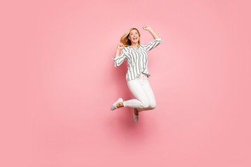 Canvas Print - Full length body size photo of charming crazy ecstatic overjoyed woman wearing trousers pants jumping up isolated pastel color background