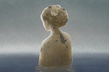 Surreal Sad Depression And Alone Concept, Broken Woman Sculpture In Water