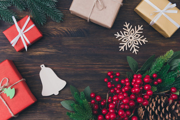 Wall Mural - Newyear advertisement concept. Top above high angle overhead closeup view photo of christmas time natural berries colorful red white surprises on table desk