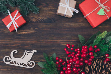 Wall Mural - Top above high angle closeup overhead view photo of nice beautiful christmas decoration lying on wooden dark table desk