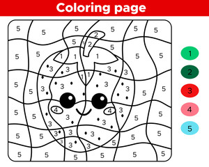 Wall Mural - Number coloring page for preschool kids. Educational game. Cute kawaii strawberry. Cartoon character.