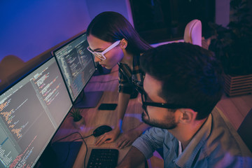 profile photo of it specialist two guy lady business people night coworking together watch monitors 