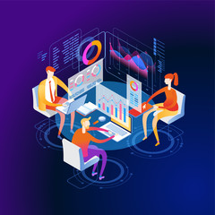 Wall Mural - people interacting with graphs and papers. workflow and business management. 3d vector isometric ill