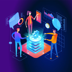 Wall Mural - people interacting with graphs and papers. workflow and business management. 3d vector isometric ill