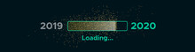 Progress Bar With Golden Particles On Black Download New Year's Eve. Loading Animation Screen With Glitter Confetti Shows Almost Reaching 2020. Creative Festive Banner With Shiny Progress Bar.