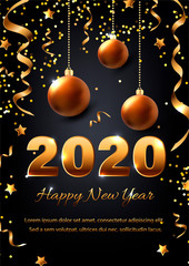 Happy New Year 2020 card with golden confetti and christmas balls on black background. Vector illustration EPS 10 file.