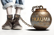 Trauma can be a big weight and a burden with negative influence - Trauma role and impact symbolized by a heavy prisoner's weight attached to a person, 3d illustration