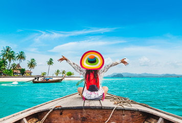 Wall Mural - Happy traveler woman relaxing on boat Joy fun scenic tropical beach Mook island, Attraction place tourist travel Phuket Trang Thailand summer holiday vacation trips, Tourism beautiful destination Asia