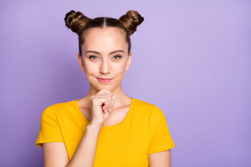 Canvas Print - Photo of funny lady youngster looking tricky having crazy but smart idea hold arm on chin wear yellow t-shirt isolated on pastel purple background